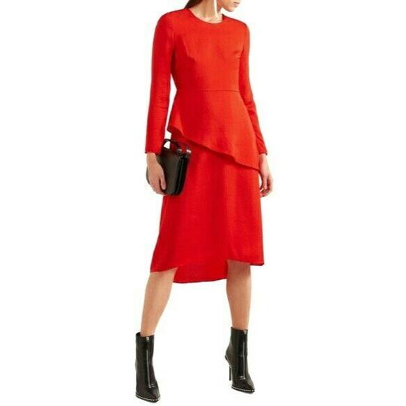 MAJE Remania satin tiered a-line long sleeve crewneck red career dress Sz 1 NEW - Picture 3 of 9